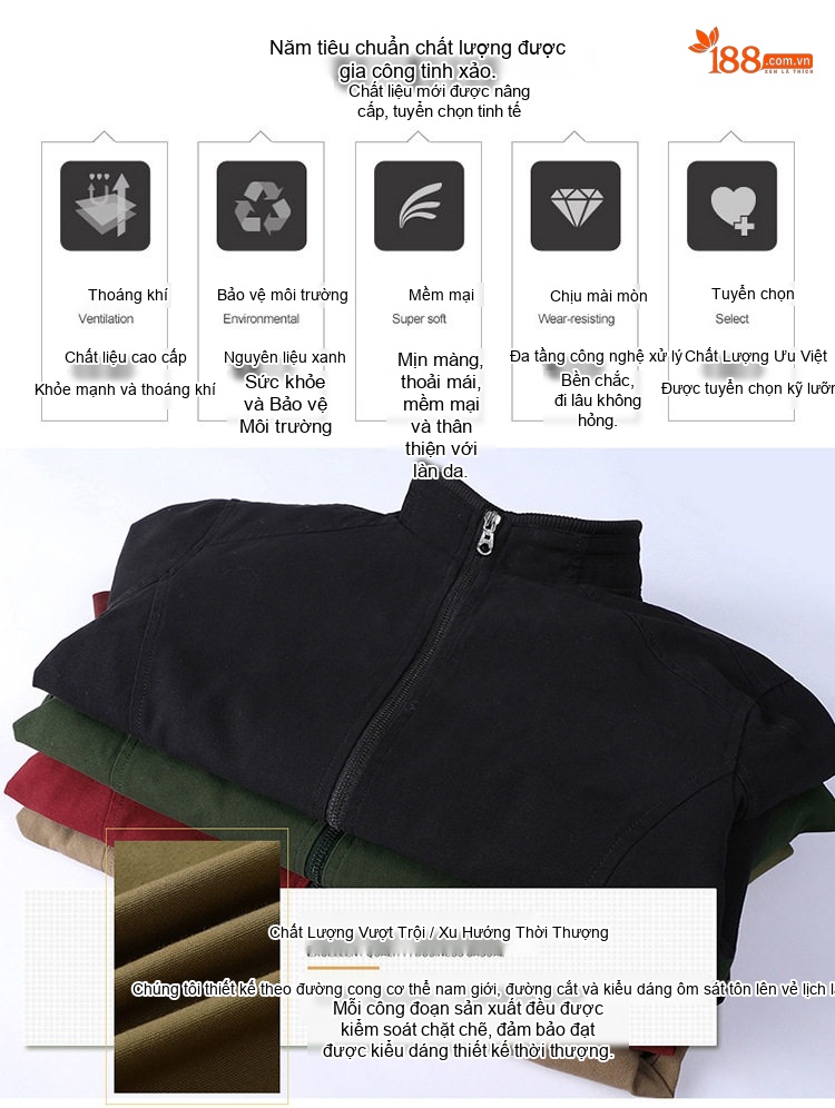 Áo Khoác Bomber Nam Cotton Dáng Đứng Cổ Giản Dị Màu Xanh Olive, Đỏ, Xanh Lá, Đen... chi tiết 7