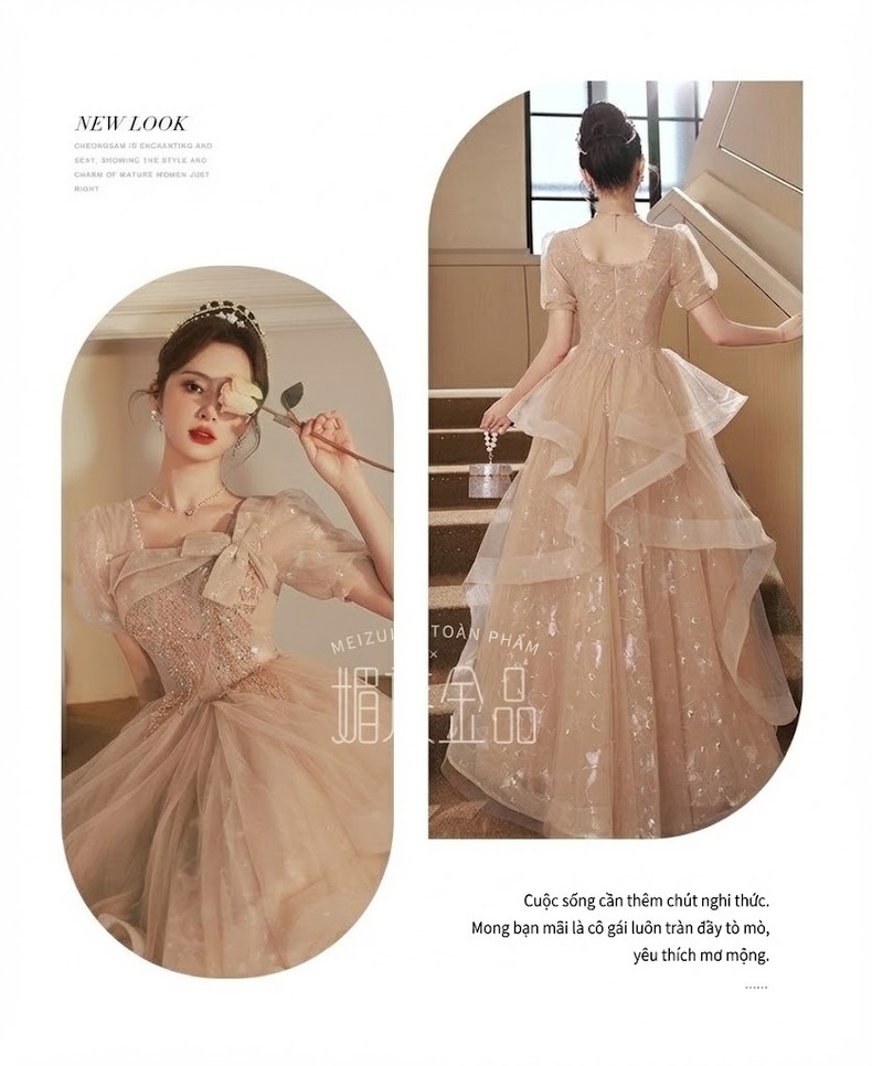 Váy Dạ Hội Nữ Pháp Kiểu Dáng Tiểu Thư Màu Champagne chi tiết 6