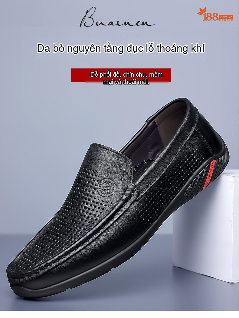 Giày Lười Nam Da Thật Đục Lỗ Thoáng Khí Size Lớn Chiều Cao Đế Khoảng 2cm Màu Đen chi tiết 1