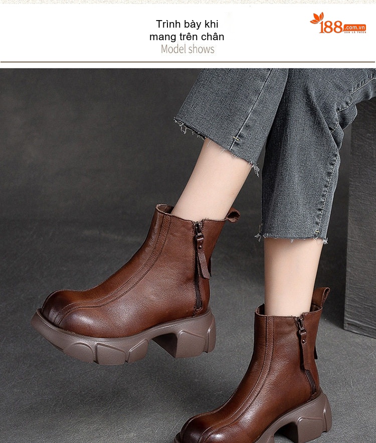 Boot Nữ Da Bò Khóa Kéo Bên Hông Phong Cách Retro Chiều Cao Đế Khoảng 6cm Màu Đen, Nâu chi tiết 7