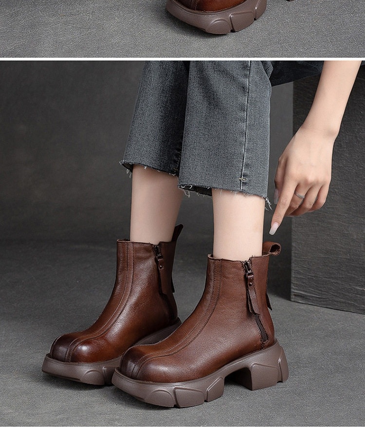 Boot Nữ Da Bò Khóa Kéo Bên Hông Phong Cách Retro Chiều Cao Đế Khoảng 6cm Màu Đen, Nâu chi tiết 8