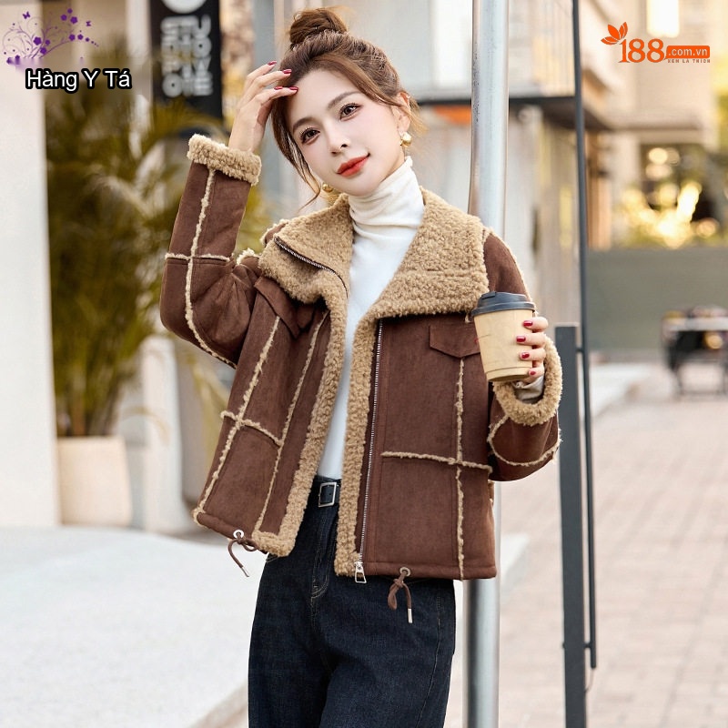 Áo Khoác Lông Cừu Non Nữ Lót Nhung Dày Dặn Kiểu Bomber Da Lộn Màu Be, Nâu