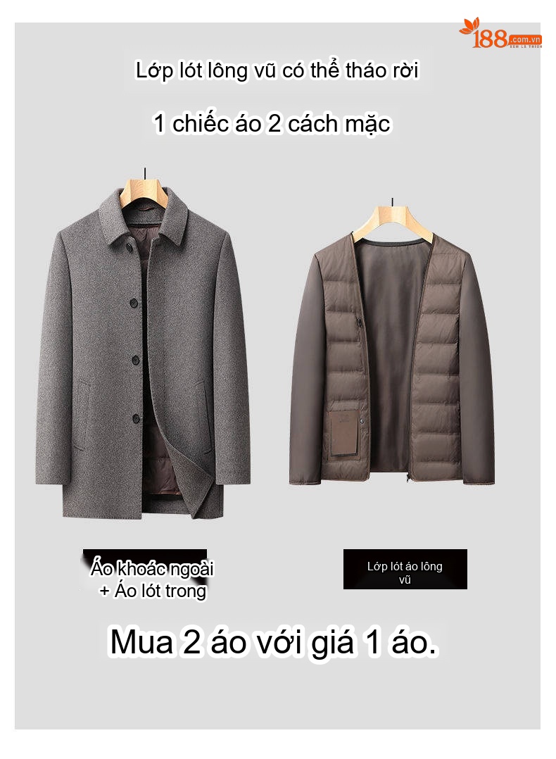 Áo Khoác Nam Dáng Vừa Hai Mặt Cổ Bẻ Lót Lông Vũ Tháo Rời Được Chất Liệu Lông Cừu Dày Dặn Màu Xám, Đen, Xanh Navy chi tiết 7