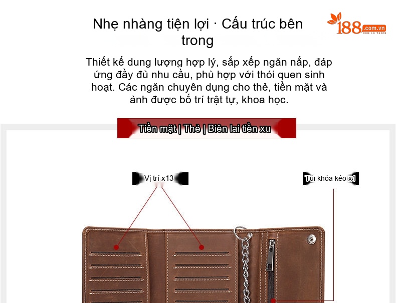 Ví Dài Nam Da Bò Lớp Đầu Masiwei Khóa Kéo Có Dây Xích Màu Nâu, Đen chi tiết 18