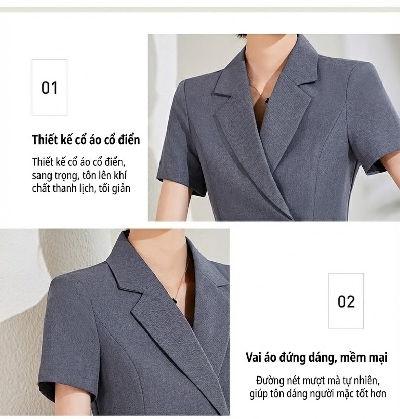 Bộ Vest Công Sở Nữ Tay Ngắn Màu Xanh Navy, Xám, Kem chi tiết 9