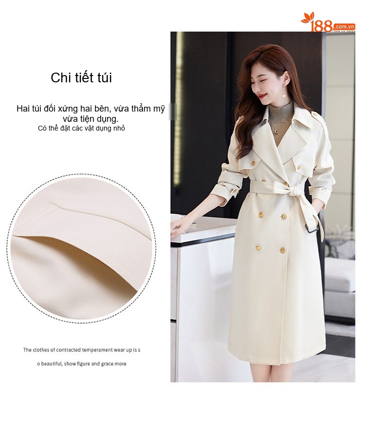 Áo Khoác Mangto Nữ Dáng Dài Thắt Eo Màu Be, Đen, Nâu chi tiết 8