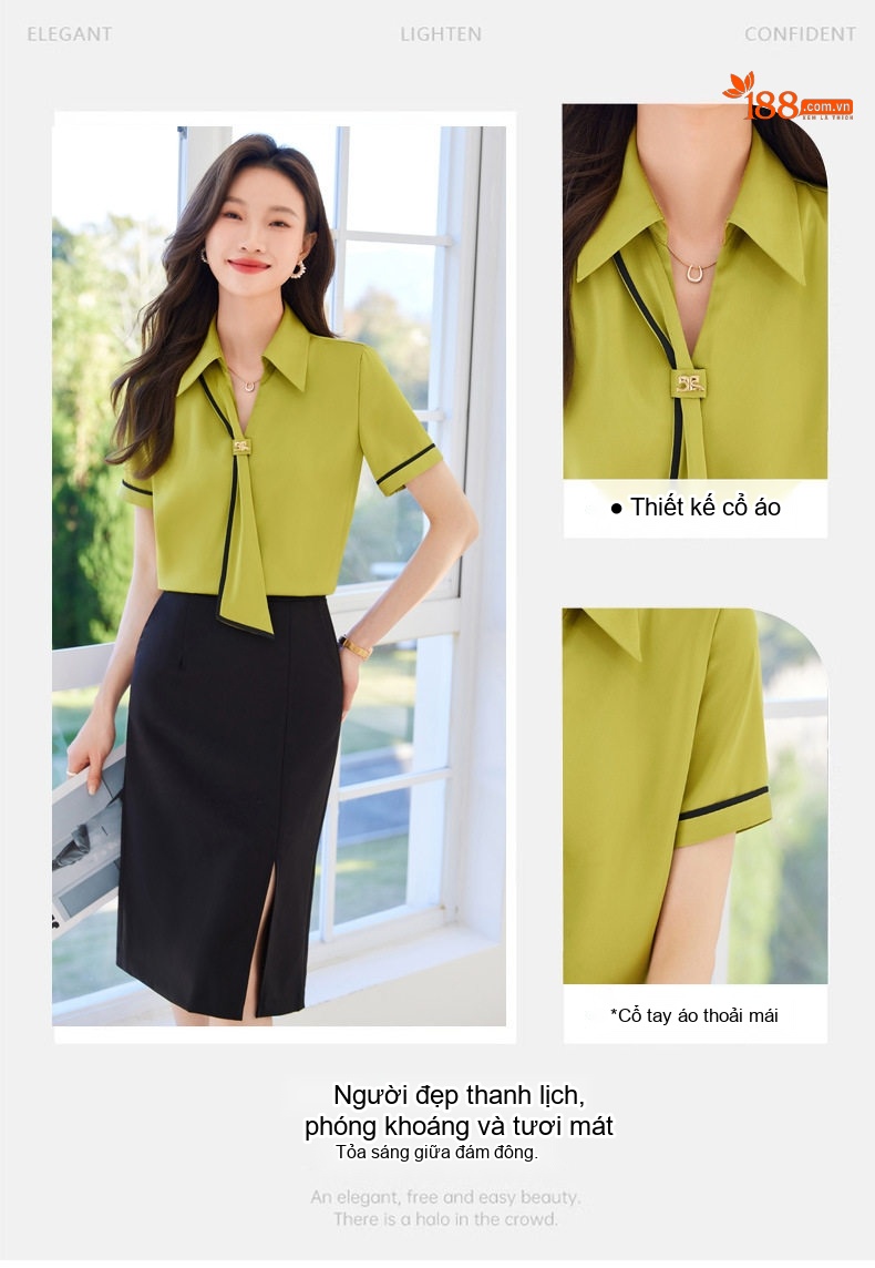 Áo Sơ Mi Nữ Cổ chữ V Tay Ngắn Kiểu Hàn Quốc Phong Cách Công Sở Màu Trắng, Xám Khói, Xanh Ô Liu chi tiết 4