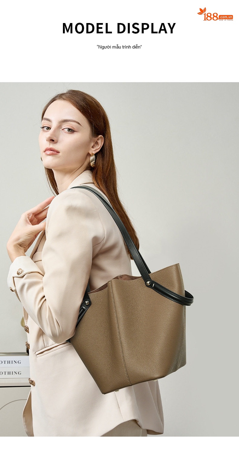 Túi Tote Da Bò Sức Chứa Lớn Đeo Vai Công Sở Phong Cách Tối Giản Màu Kem, Nâu chi tiết 18