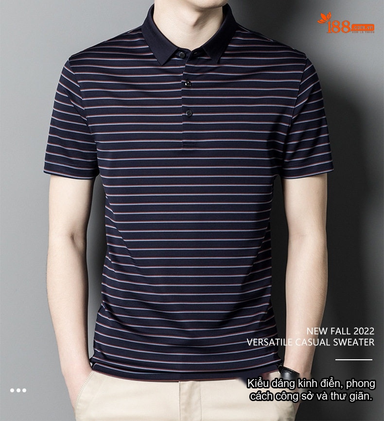Áo Polo Nam Tay Ngắn 100% Pure Mulberry Silk (Tằm) Họa Tiết Sọc Màu Xanh Navy chi tiết 1