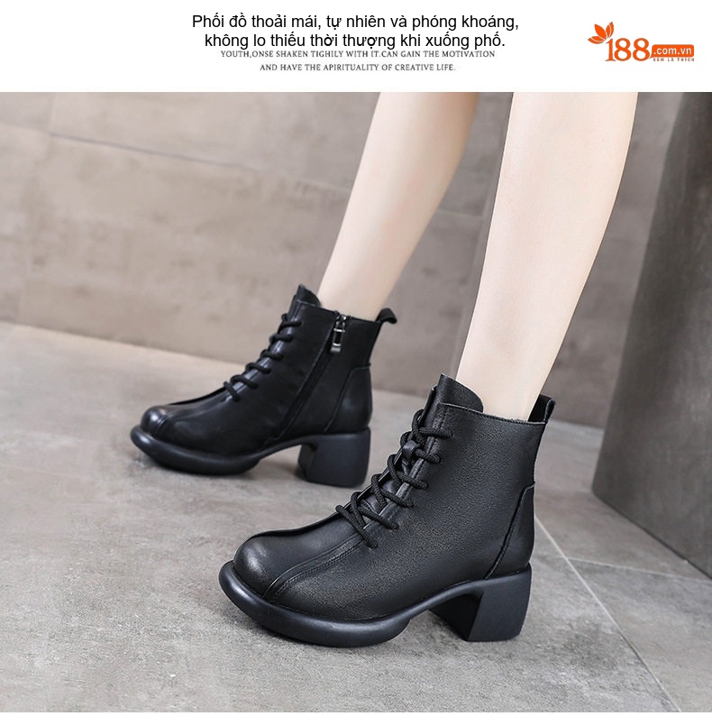 Boot Martin Nữ Da Bò Cổ Ngắn Gót Vuông Chiều Cao Đế Khoảng 5cm Màu Nâu, Đen chi tiết 11