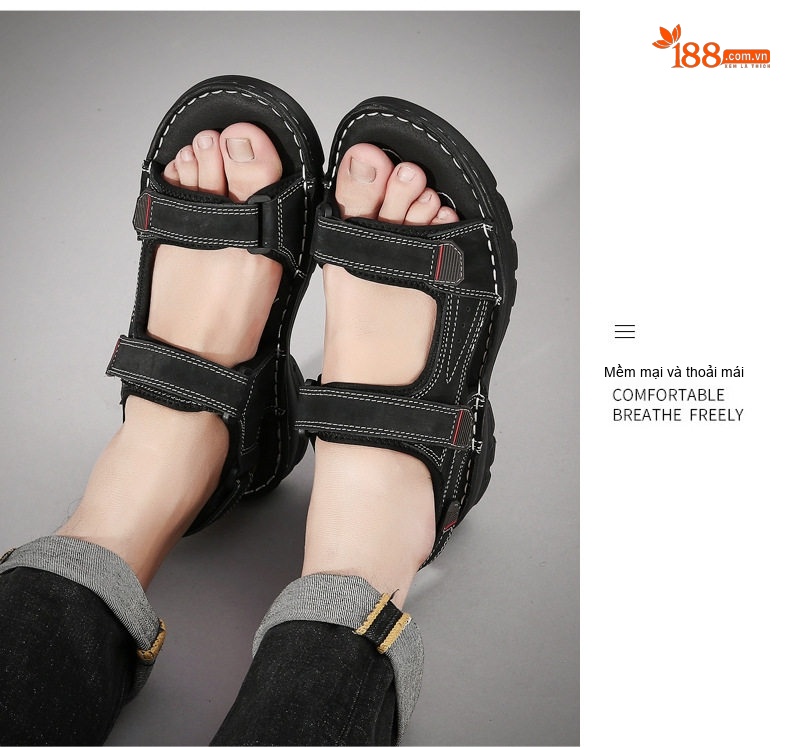 Dép Sandal Nam Xỏ Ngón Da Mờ Quai Dán Chiều Cao Đế Khoảng 3cm Màu Đen, Nâu, Xám, Rêu... chi tiết 16