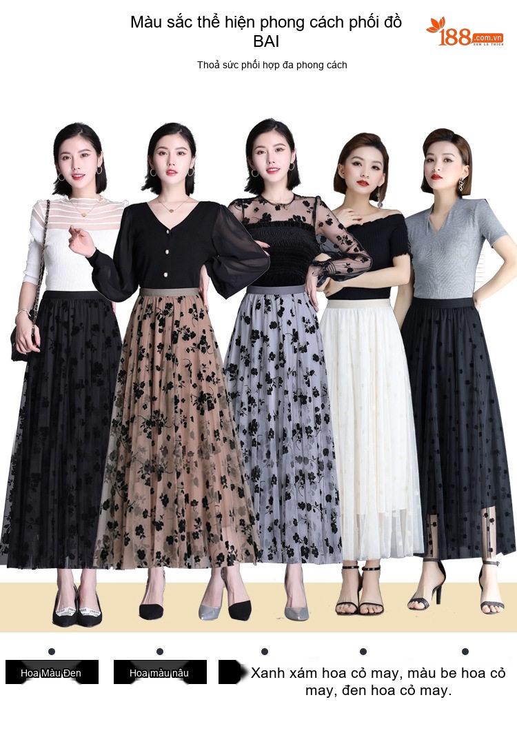 Chân Váy Voan Xếp Ly Nữ Lưng Cao dáng chữ A In Họa Tiết Hoa Lá Phong Cách Hàn Quốc Màu Đen, Trắng, Be chi tiết 9