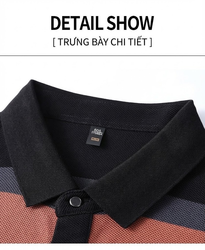 Áo Polo Nam Tay Ngắn Cotton Kẻ Sọc Thời Trang Màu Đen, Nâu, Xám, Trắng chi tiết 12