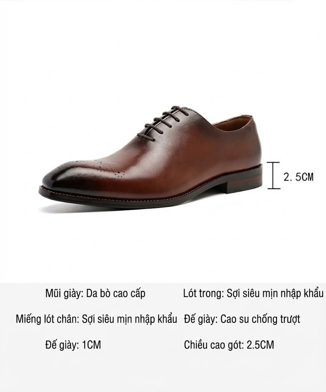 Giày Tây Buộc Dây Nam Da Thật Chiều Cao Đế Khoảng 3cm Màu Đen, Nâu chi tiết 3