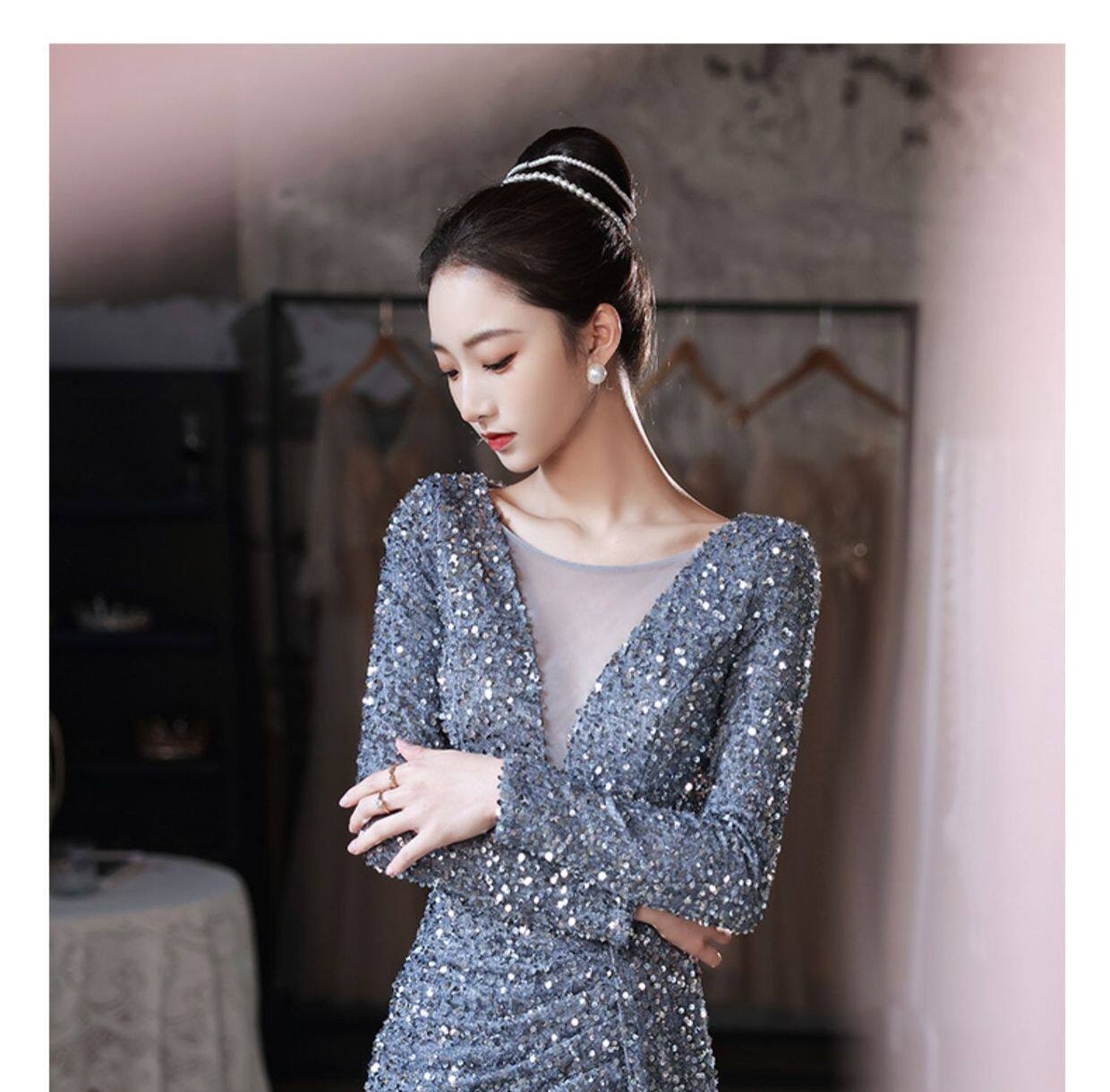 Đầm Dạ Hội Nữ Lấp Lánh Xẻ Tà Dáng Dài Tay Dài Màu Bạc, Vàng Đồng chi tiết 14