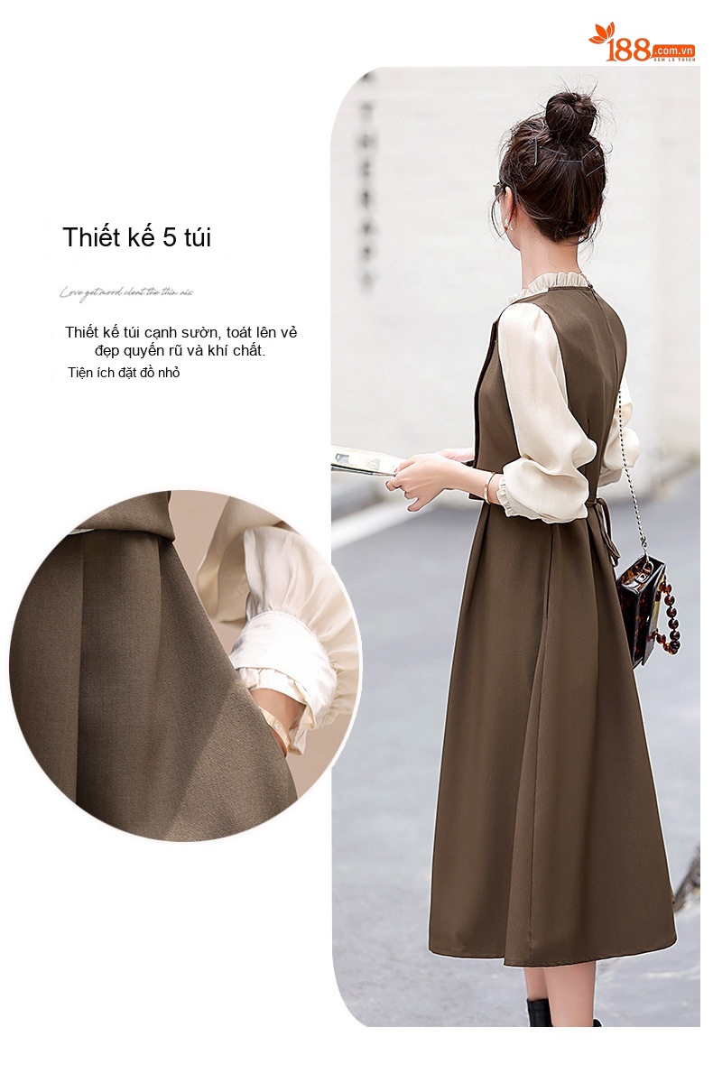 Váy Liền Thân Nữ Tiểu Thư Tay Dài Thiết Kế Giả Hai Lớp Thanh Lịch Màu Đen, Nâu, Xám chi tiết 9