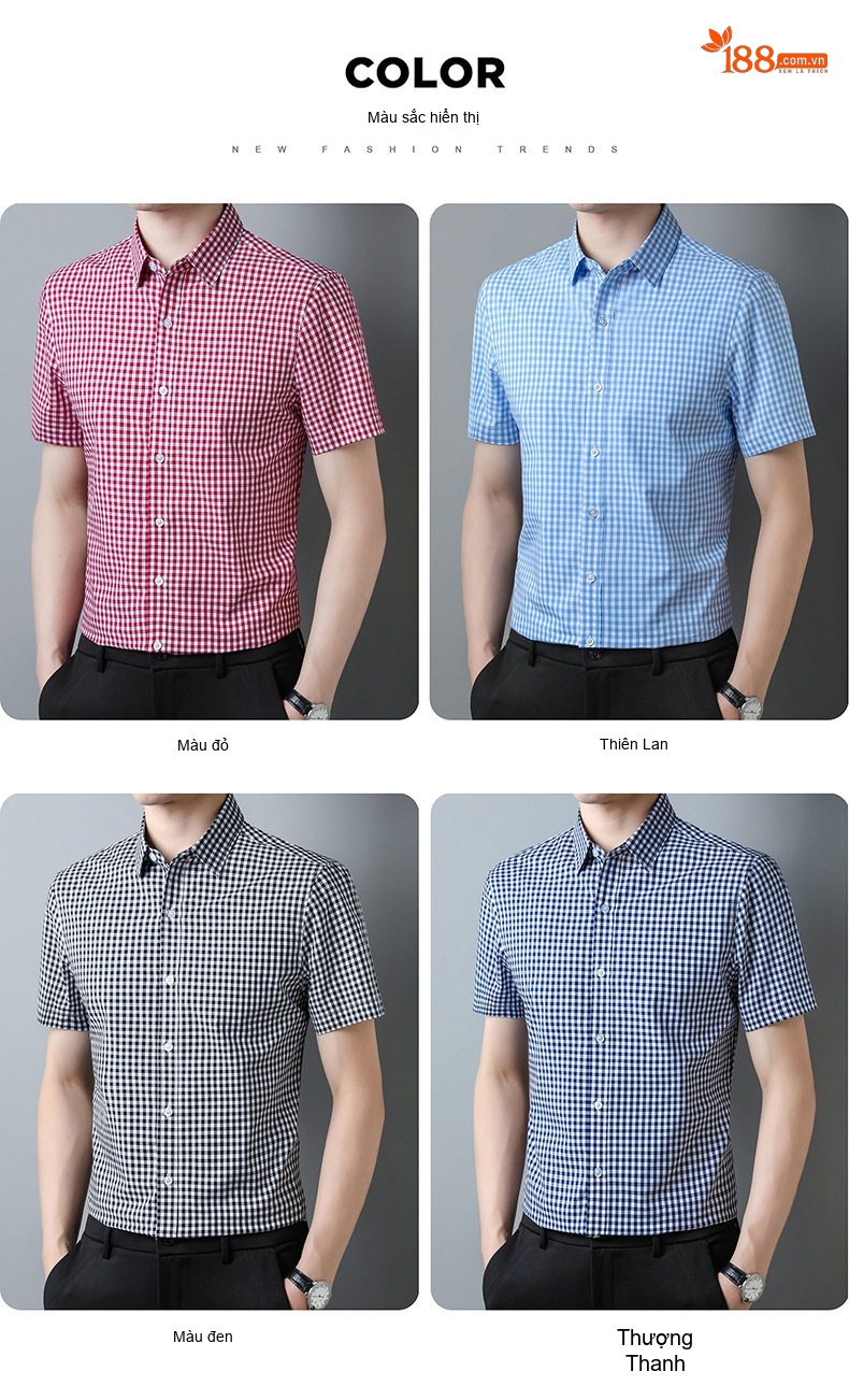 Áo Sơ Mi Nam Tay Ngắn Cotton Họa Tiết Caro Thời Trang Màu Xanh, Đỏ, Đen chi tiết 3