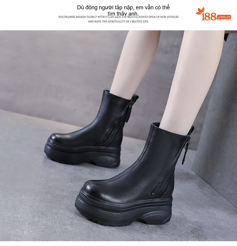 Boot Martin Nữ Da Bò Đế Dày Hai Khóa Kéo Phong Cách Anh Chiều Cao Đế Khoảng 5cm Màu Đen, Nâu chi tiết 10