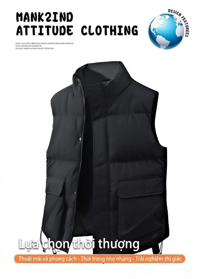 Áo Gilet Phao Nam Nữ Mùa Đông Dáng Rộng Cổ Trụ Túi Hộp Màu Đen, Trắng, Xám chi tiết 1