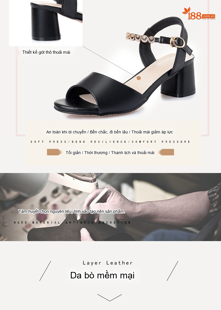 Dép Sandal Nữ Quai Hậu Đế Vuông Da Mềm Chống Trượt Đế Cao 5cm - 6cm Màu Trắng, Đen, Kem chi tiết 3