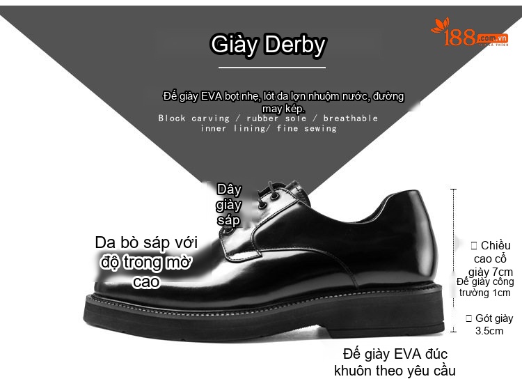 Giày Tây Buộc Dây Nam Da Bóng Chiều Cao Đế Khoảng 4cm Màu Đen chi tiết 2