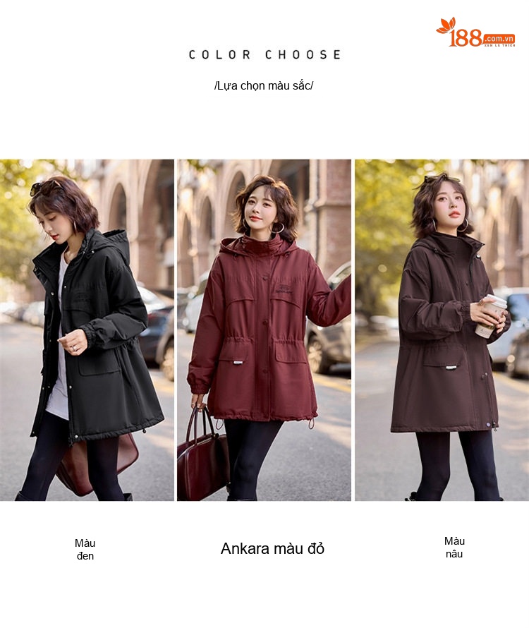 Áo Khoác Parka Nữ Cotton Lót Lông Dày Dặn Dáng Dài Giữ Ấm Màu Đỏ Ancola, Nâu, Đen chi tiết 3