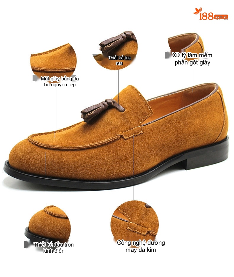 Giày Lười Nam Da Mờ Phong Cách Anh Chiều Cao Đế Khoảng 2cm Màu Nâu chi tiết 7