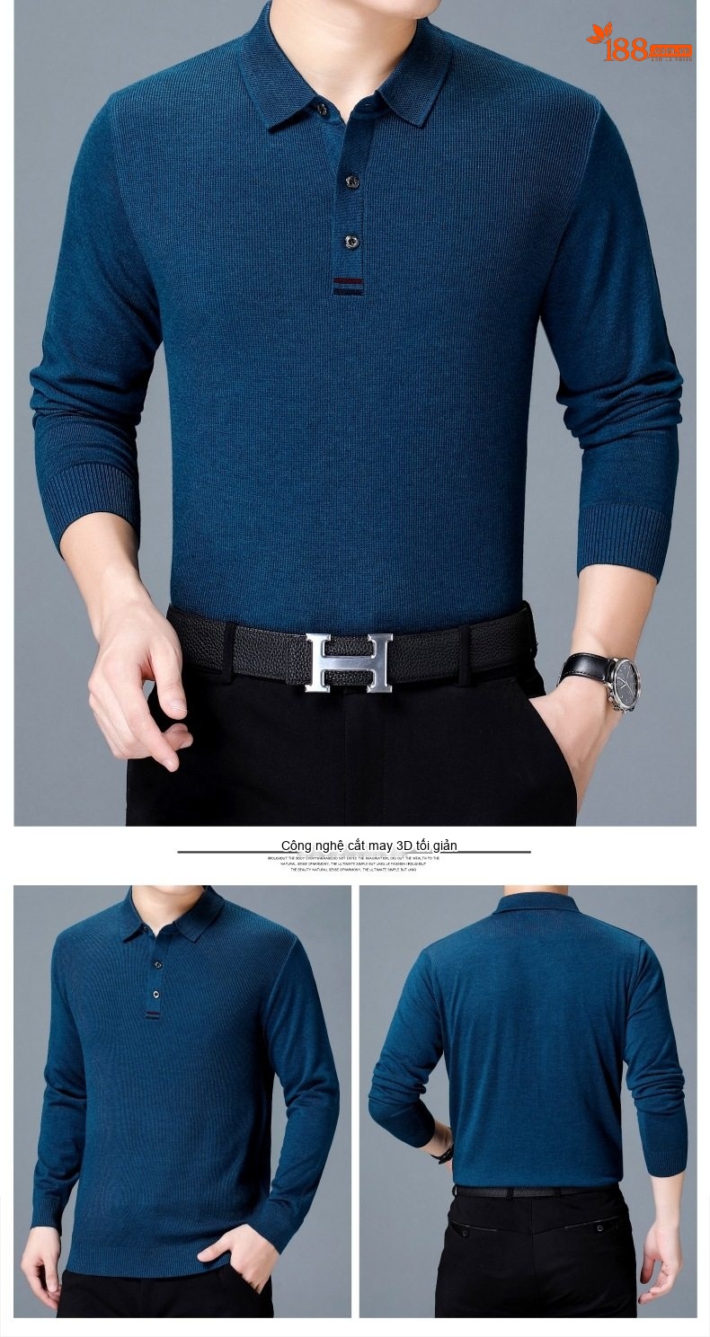 Áo Thun Polo Nam Dài Tay Dệt Kim Cashmere Phong Cách Doanh Nhân Màu Đỏ Rượu, Xám, Xanh Dương, Xanh Lá... chi tiết 13