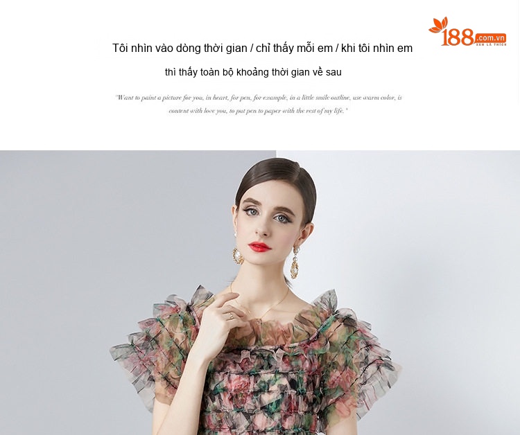 Váy Đầm Xòe Nữ Hở Vai Tay Ngắn Voan Lưới In Họa Tiết Bồng Bềnh chi tiết 11