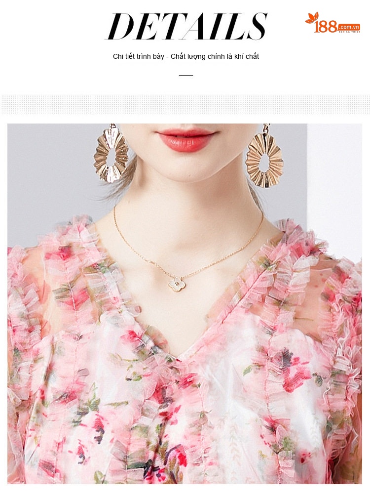 Váy Xòe Midi Nữ Cổ chữ V In Hoa Tay Ngắn Voan Lưới chi tiết 14