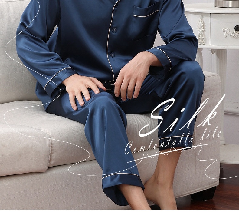 Bộ Đồ Ngủ Lụa Tơ Tằm Dài Tay Nam 100%桑蚕丝 Mùa Xuân Hè Màu Xanh Navy, Vàng Be, Xám, Đỏ chi tiết 2