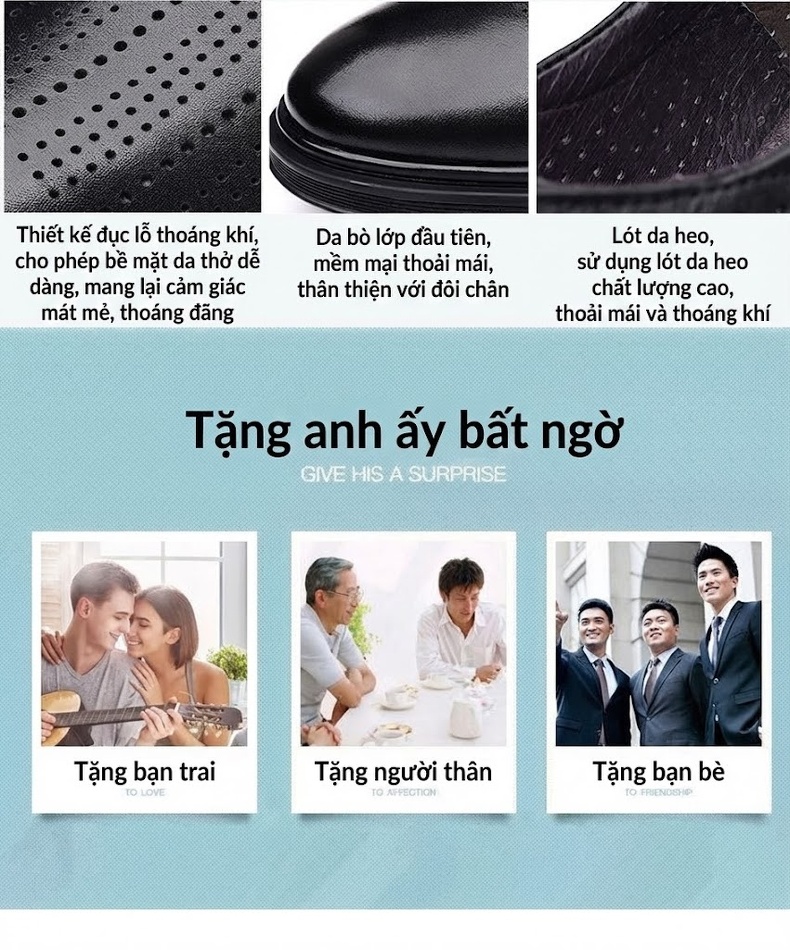 Giày Tây Buộc Dây Nam Da Bò Lỗ Thoáng Khí Chiều Cao Đế Khoảng 3cm Màu Đen chi tiết 6