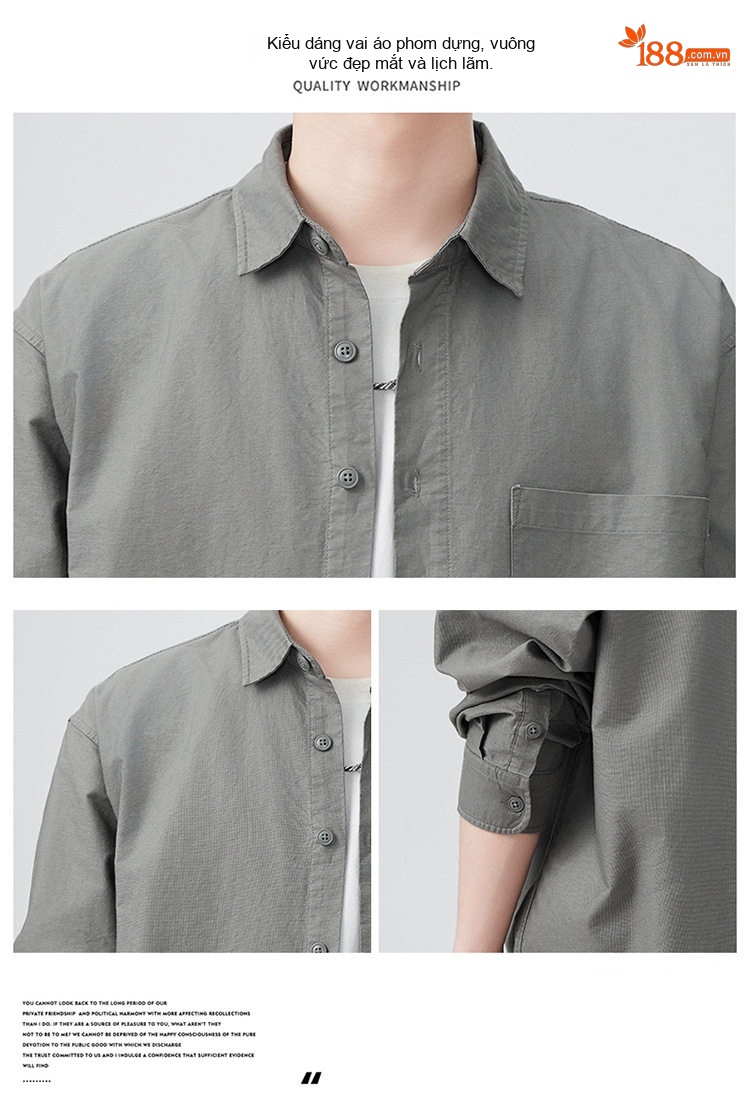 Áo Sơ Mi Nam Oxford Cotton Dáng Rộng Phong Cách Retro Màu Xám, Trắng, Nâu chi tiết 2