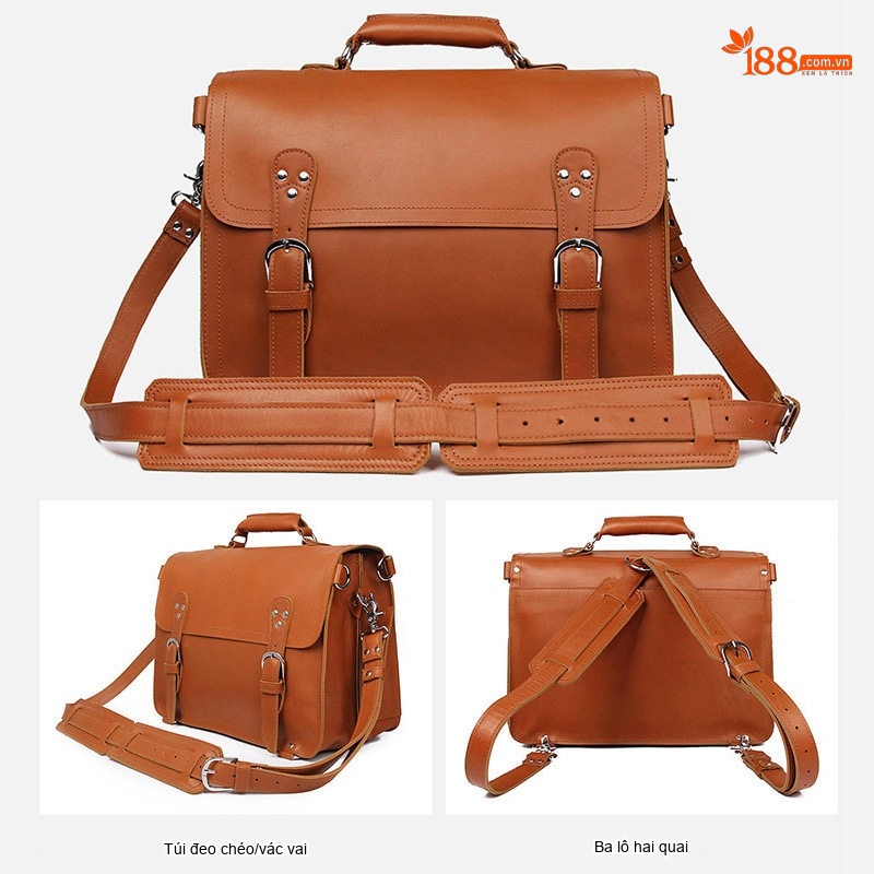 Cặp Túi Đeo Chéo Nam Da Thật Vintage Chống Mòn, Chống Nước, Sức Chứa Lớn Màu Nâu