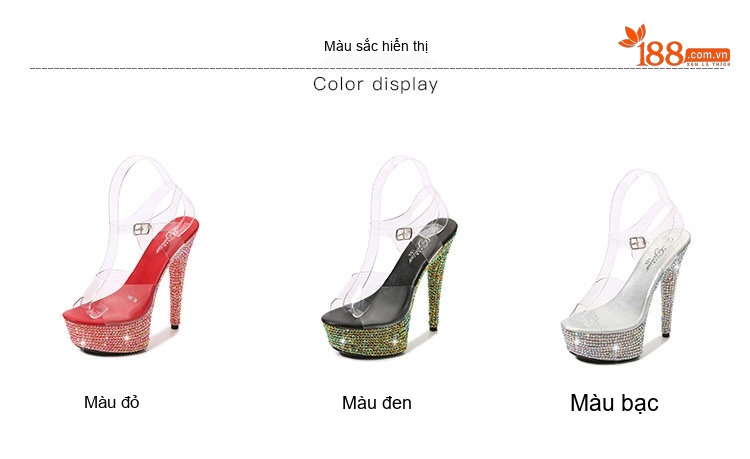 Giày Sandal Cao Gót Nữ Quai Trong Đính Đá Gót Cao 13cm Màu Đỏ, Đen, Bạc, Xanh Lá... chi tiết 1