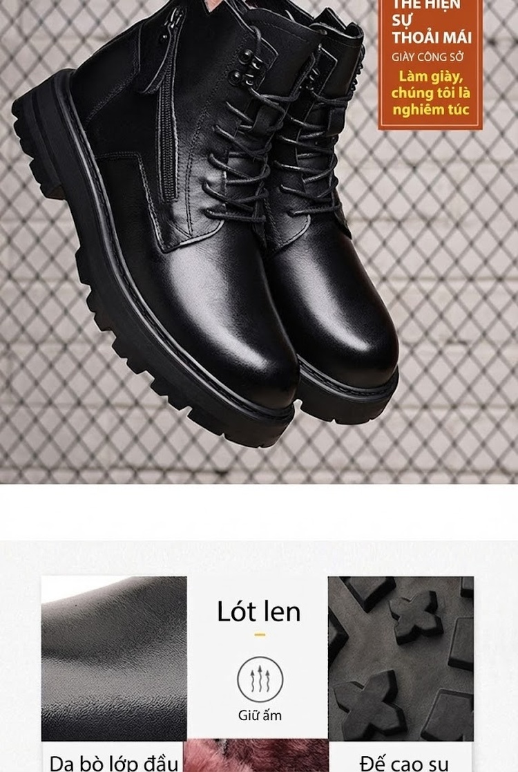 Boot Martin Nam Da Thật Lót Lông Cao Cổ Giữ Ấm Chiều Cao Đế Khoảng 4cm Màu Đen chi tiết 8