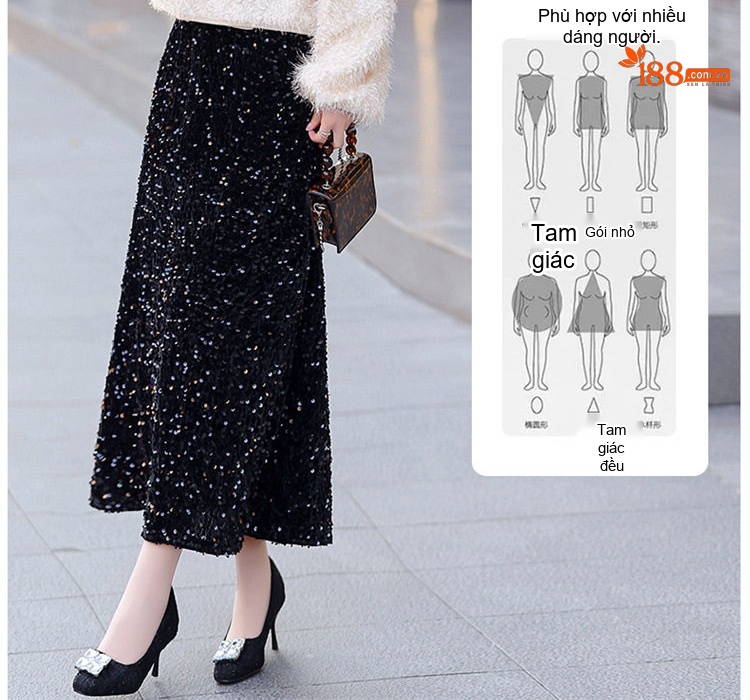 Set Áo Lông Dài Tay và Chân Váy Midi Lấp Lánh Phong Cách Tiểu Thư Màu Trắng, Đen chi tiết 5