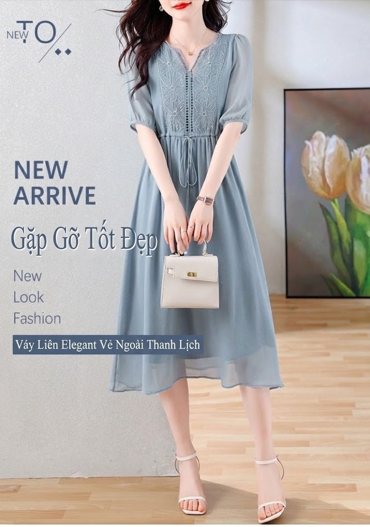 Váy Lụa Tằm Tơ Nữ Dáng Dài Thắt Eo Thanh Lịch Màu Trắng, Đen, Xanh chi tiết 1