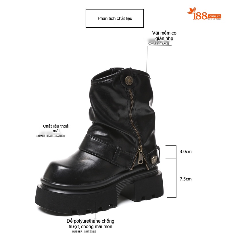 Boot Nữ Da Bóng Đế Cao Khoảng 7.5cm Tăng Chiều Cao Màu Đen, Nâu chi tiết 3