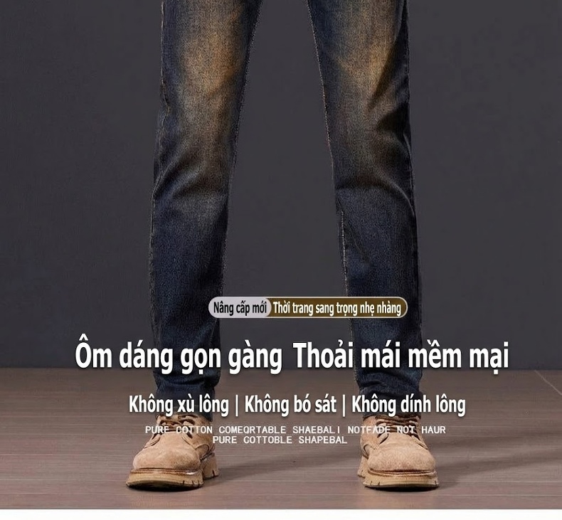Quần Jean Nam Ống Đứng Vừa Vặn Phong Cách Retro Vải Denim Màu Xanh Dương chi tiết 2