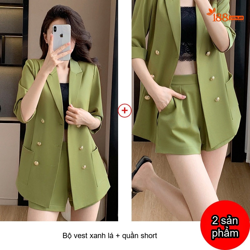 Bộ Vest Nữ Mùa Hè Áo Blazer Tay Lỡ Quần Short Ống Rộng Màu Xanh Lá, Kaki