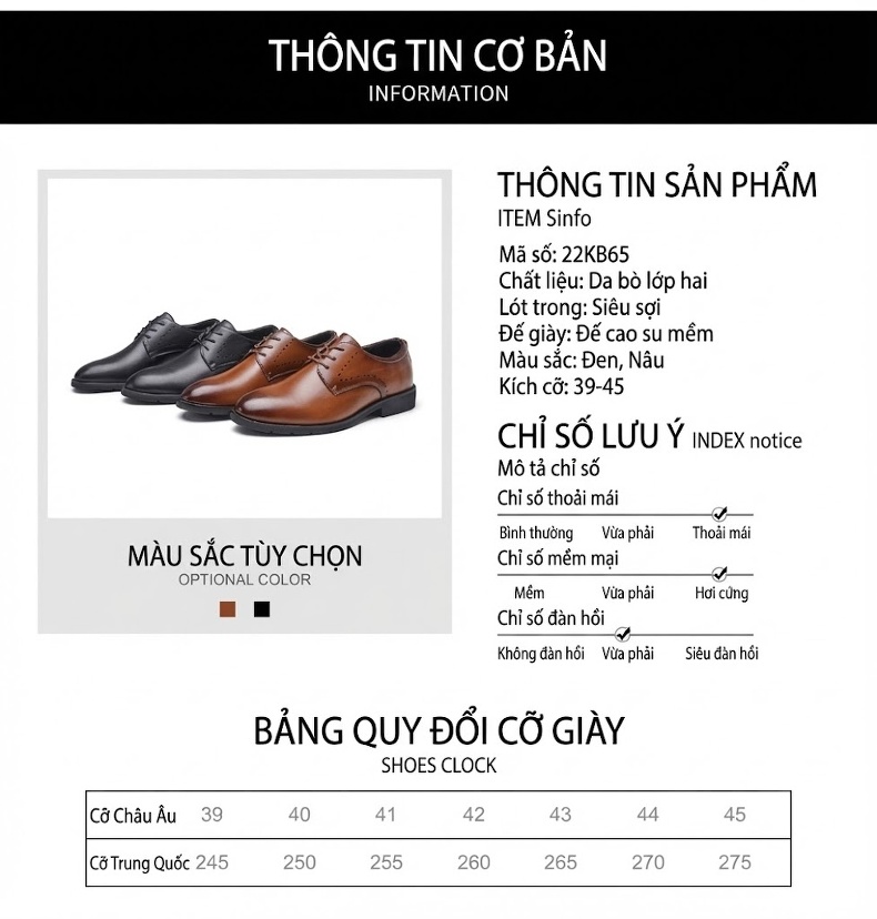 Giày Tây Buộc Dây Nam Da Thật Mũi Nhọn Chiều Cao Đế Khoảng 3cm Màu Đen, Nâu chi tiết 8