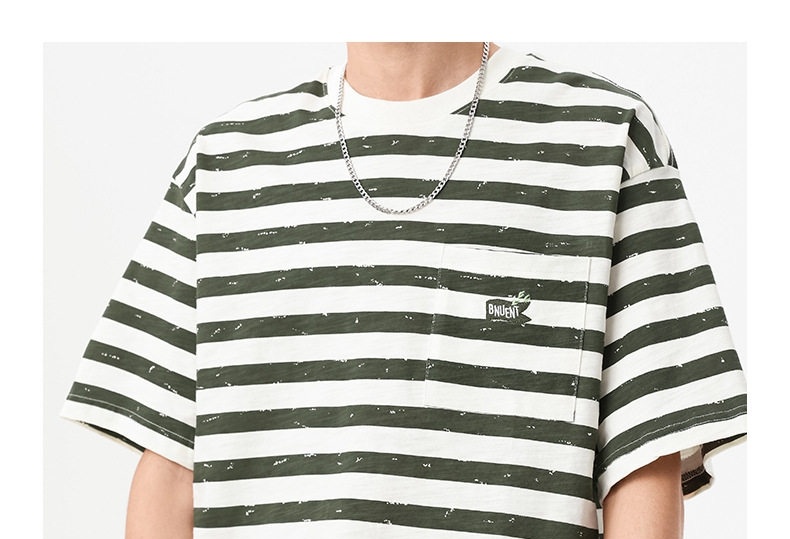 Áo Thun Nam Tay Ngắn Cotton Họa Tiết Sọc Ngang Form Rộng Màu Xanh Olive, Trắng chi tiết 16