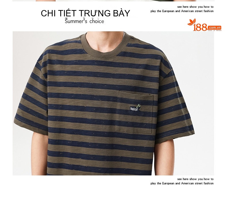 Áo Thun Nam Tay Ngắn Cotton Họa Tiết Sọc Ngang Form Rộng Màu Xanh Olive, Trắng chi tiết 17