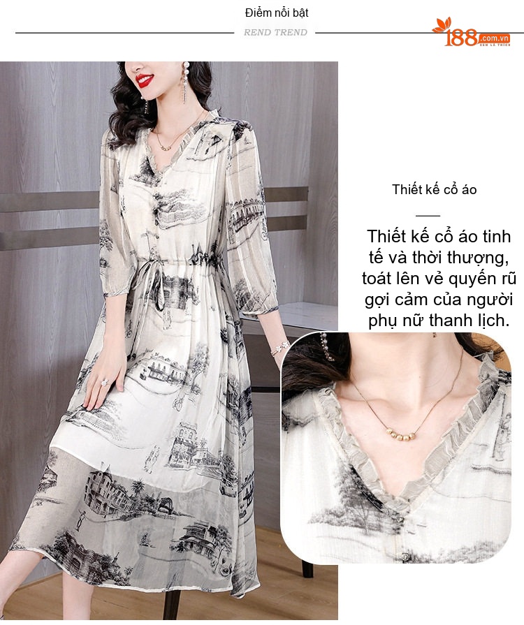 Váy Lụa A Line Nữ Thắt Eo Thiết Kế Thanh Lịch Họa Tiết Trắng Đen chi tiết 9