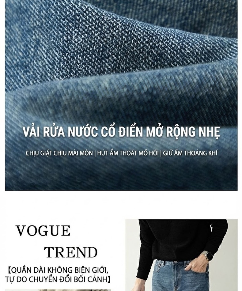 Quần Jean Nam Dáng Rộng Vừa Phải Phong Cách Retro Đường Phố Chất Vải Denim Xanh Dương chi tiết 6