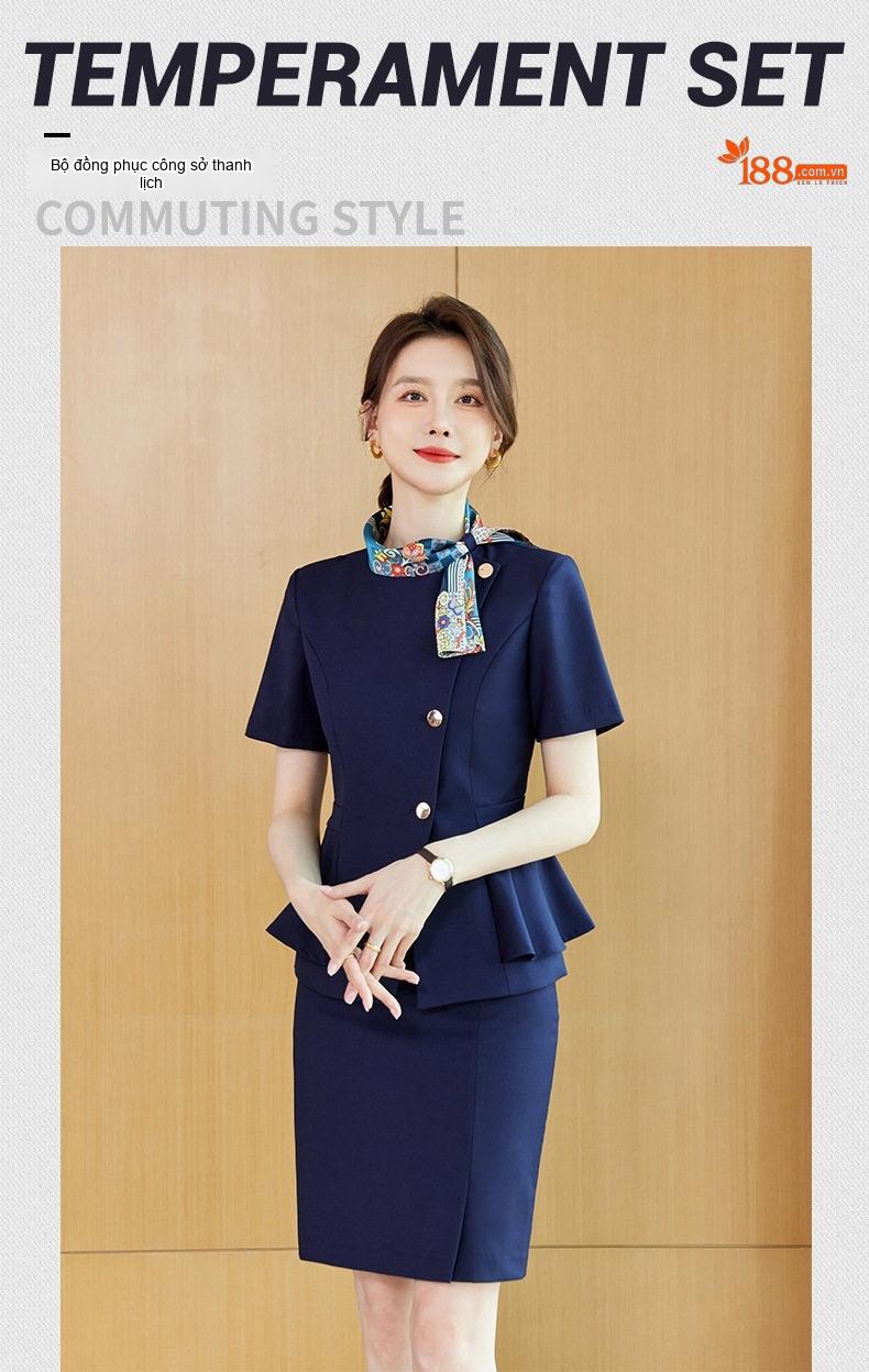 Bộ Vest Công Sở Nữ Tay Ngắn Thiết Kế Thanh Lịch Màu Xanh, Xám chi tiết 2