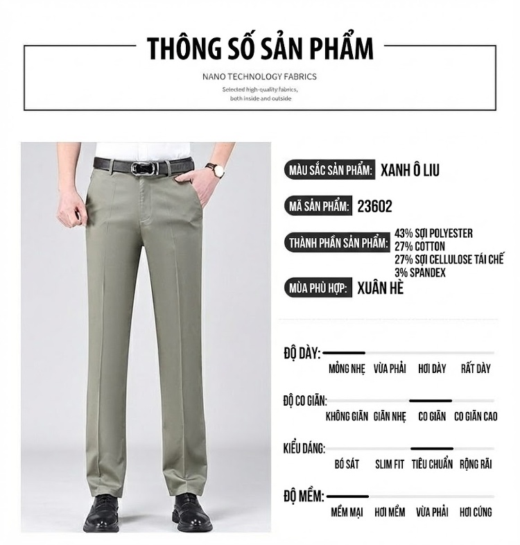 Quần Âu Nam Dáng Suông Mỏng Nhẹ Không Nhăn Cho Bố Trung Niên Màu Đen, Kem, Xám, Be chi tiết 7