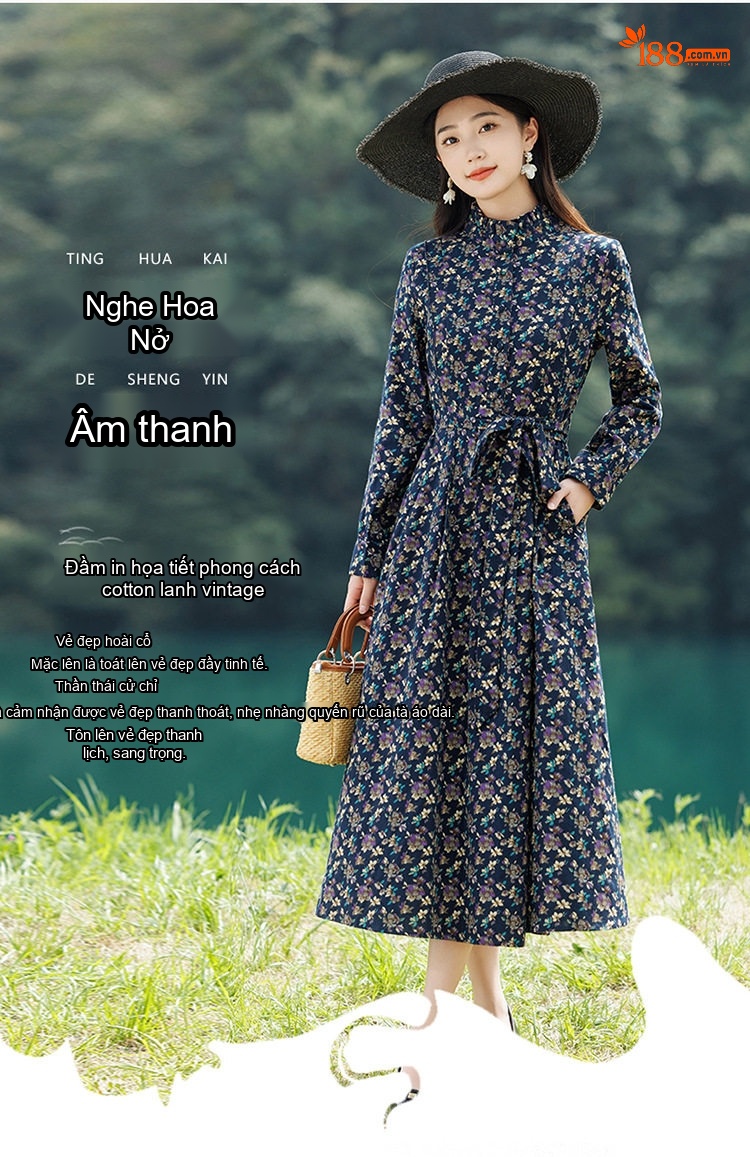 Váy Dài Tay Lỡ Nữ Cổ Trụ Họa Tiết Hoa Vintage Thoáng Mát chi tiết 1