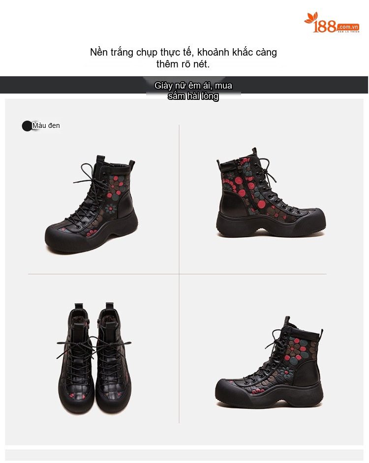 Giày Boot Nữ Cổ Cao Buộc Dây Họa Tiết Phong Cách Vintage Chiều Cao Đế Khoảng 4cm Màu Đen, Nâu chi tiết 16